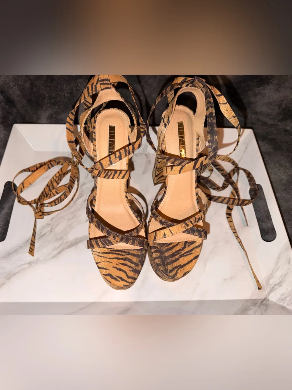 Liliana Tiger Print Lace Up Platform Heels Size 8.5